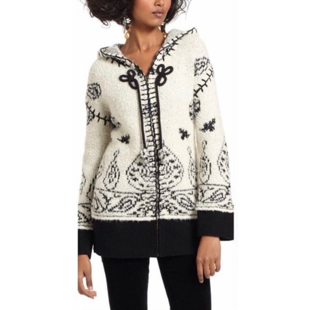 Sleeping on Snow Anthropologie Paisley Zip Hooded Cardigan Sweater Cream Black S